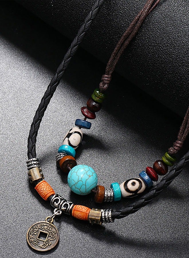 HAWAWA Western Layered Boho Wood Beads Choker Necklace Adjustable Vintage Leather Necklace Coin Pendant Necklace Summer Beach Jewelry for Women Men - Image 3