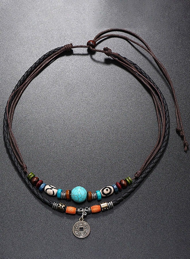 HAWAWA Western Layered Boho Wood Beads Choker Necklace Adjustable Vintage Leather Necklace Coin Pendant Necklace Summer Beach Jewelry for Women Men - Image 5