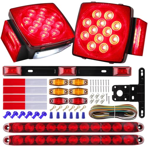 Partswcgg 12V Led Utility Trailer Lights Wiring Kit, Square Combination Stop Turn Tail License Lights,Red/Amber Marker Lamp,3rd Third Brake Tail Red Clearance ID Light Strip Bar w/25ft Wiring Harness - Image 1