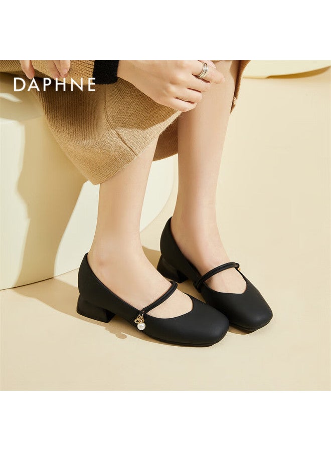 Daphne Women's Single Shoes, Cowhide Leather Elegant Mary Jane Shoes, Chunky Heel Square Toe Leather Shoes, Women's Footwear 4024101724, Black, Size 37 - Image 2