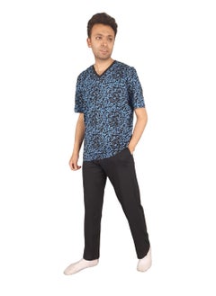 Men Summer Pajama Set Printed Top And V-Neck &Plain Bottom-Blue