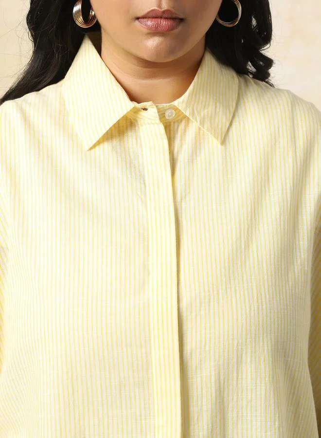 HIGH STAR Women's Yellow 100% Cotton Striped Button Down Oversized Shirt