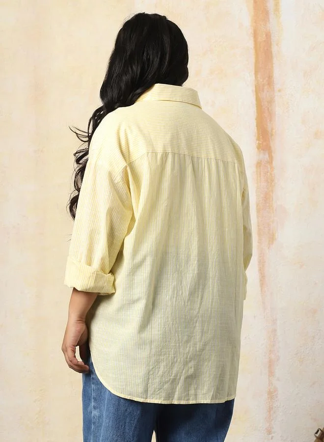 HIGH STAR Women's Yellow 100% Cotton Striped Button Down Oversized Shirt