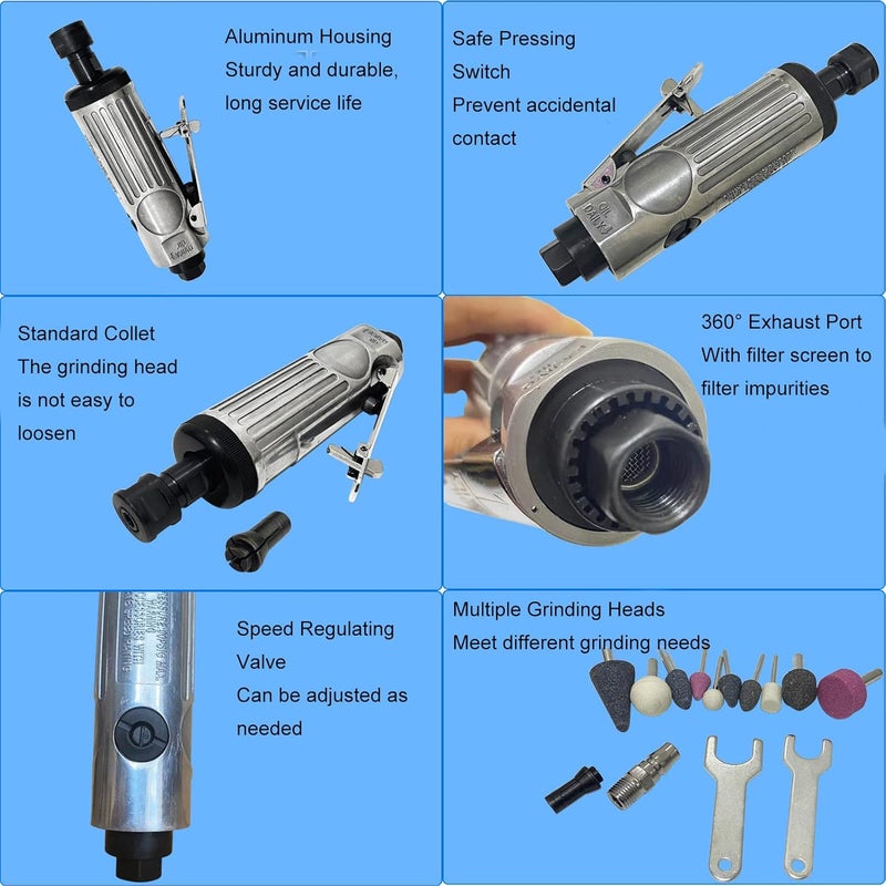 1/4in Air Die Grinder Kit, Pneumatic Die Grinder with Straight Handle, 22000 RPM Portable Polishing and Grinding Tool for Metal Wood Detail Work - Image 4