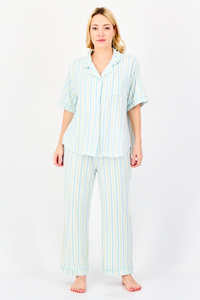 PJ Couture طقم بيجاما قصير الأكمام من قطعتين للنساء بخطوط، متعدد الألوان - Image 1