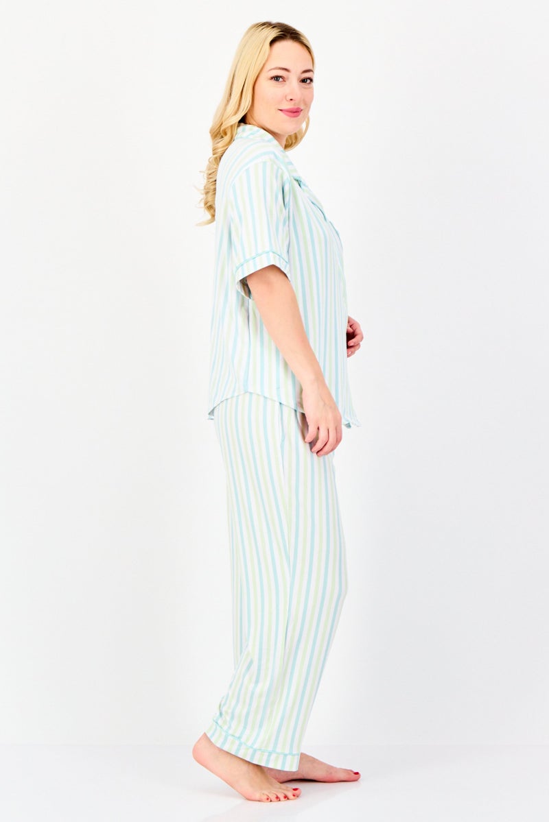 PJ Couture طقم بيجاما قصير الأكمام من قطعتين للنساء بخطوط، متعدد الألوان - Image 4