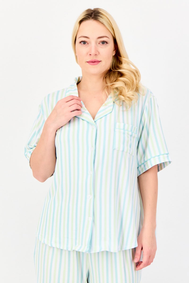 PJ Couture طقم بيجاما قصير الأكمام من قطعتين للنساء بخطوط، متعدد الألوان - Image 2