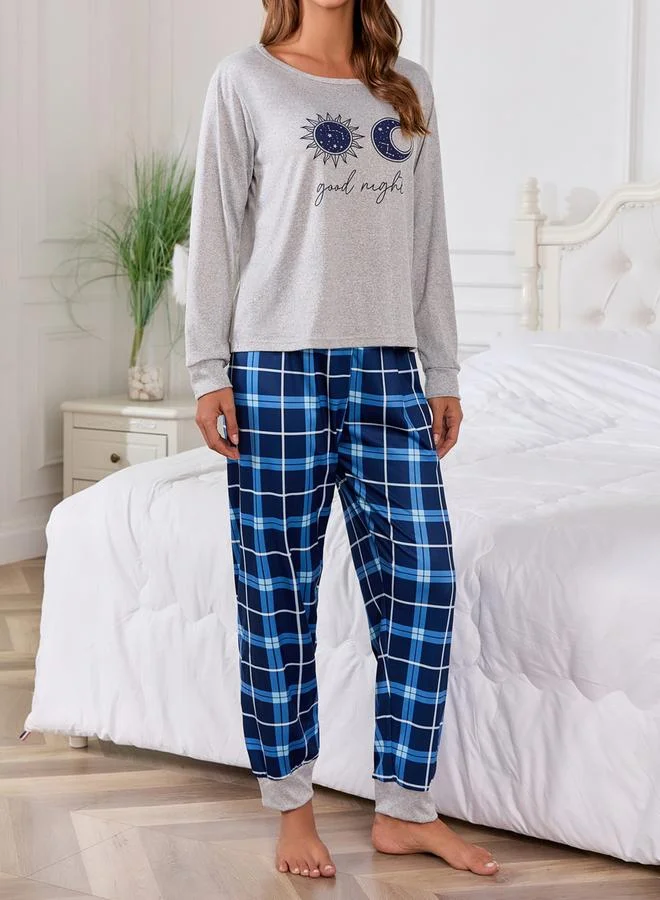 Take Two Grey Grey Moon Star Graphic T-Shirt and Checked Pyjama Set for Women | Best Price UAE