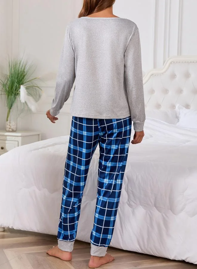 Take Two Grey Moon Star Graphic T-Shirt and Checked Pyjama Set