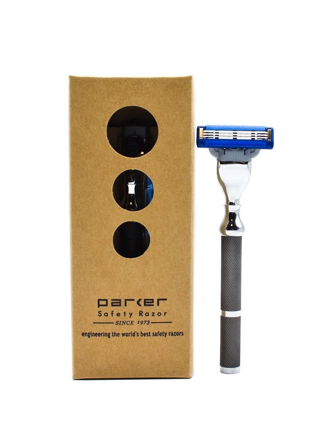 Parker Safety Razor - Parker 42M Heavyweight Allmetal Triple Blade Razor Shaving Razor With Brass Frame + Deluxe Textured Graphite Handle One Gillette Mach 3 Razor Blade Included - Image 1