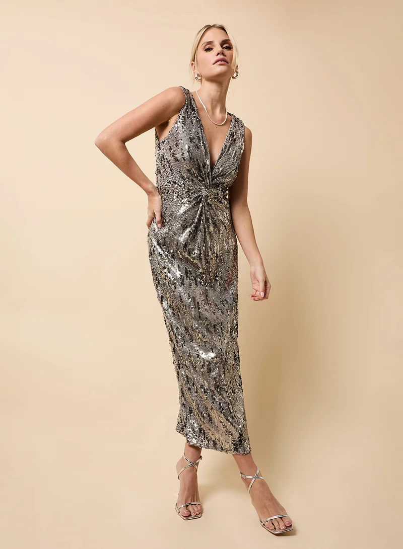Little Mistress Sequin Knot Detail V Neck Sleeveless Maxi Dress