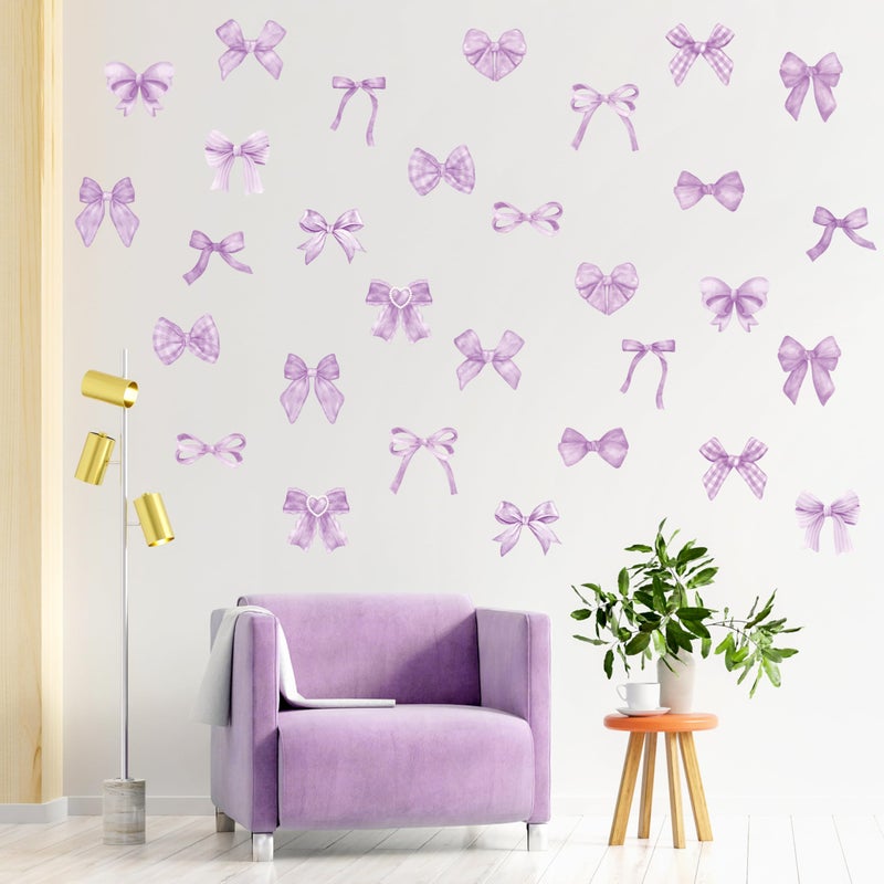 A1diee Purple Bow Wall Stickers  60Pcs Trendy Light Purple Watercolor Coquette Aesthetic Wall Stickers Bow Knot Baby Room Decor Vinyl Decals Art Wallpaper for Boys Girls Bedroom Kindergarten Nursery
