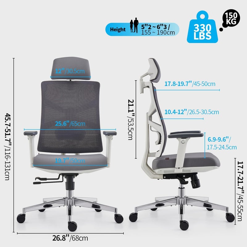 HOLLUDLE Ergonomic Office Chair with Adaptive Backrest, High Back Computer Desk Chair with 4D Armrests, Adjustable Seat Depth, Lumbar Support and 2D Headrest, Swivel Task Chair, White - Image 3