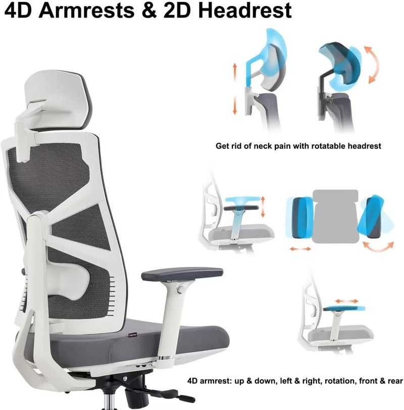 HOLLUDLE Ergonomic Office Chair with Adaptive Backrest, High Back Computer Desk Chair with 4D Armrests, Adjustable Seat Depth, Lumbar Support and 2D Headrest, Swivel Task Chair, White - Image 5