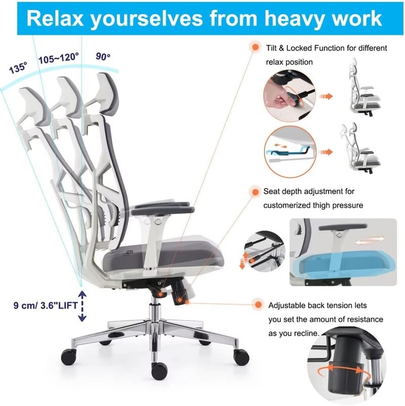 HOLLUDLE Ergonomic Office Chair with Adaptive Backrest, High Back Computer Desk Chair with 4D Armrests, Adjustable Seat Depth, Lumbar Support and 2D Headrest, Swivel Task Chair, White - Image 4