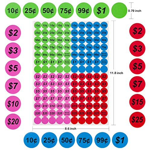 Ovenot Anronal 2520 Count Garage Sale Pricing Stickers Removable Yard Sale Labels with Prices, 3/4" Round Preprinted Pricing Labels Price Stickers (Multi-Colored) - Image 4