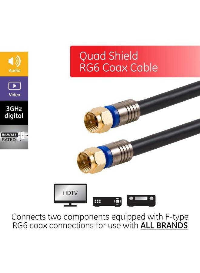 GE كابل كوكسيل RG6، 50 قدم، موصلات F-Type، كابل كوكسيل رباعي الدرع، 3 جيجاهرتز رقمي، مصنف للاستخدام داخل الجدران، مثالي لهوائي التلفاز، DVR، VCR، الأقمار الصناعية، صندوق الكابل، مسرح منزلي، أسود، 33532 - Image 2