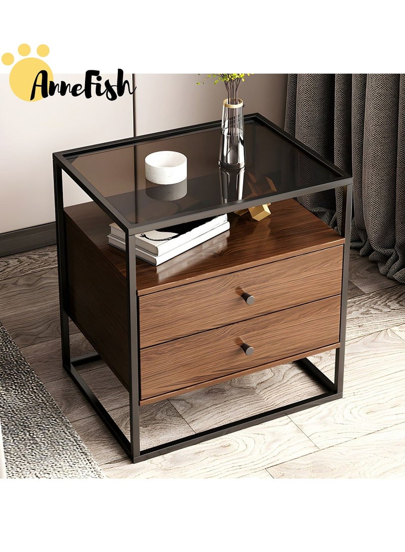 AnneFish 2PCS 50*40*60cm Nightstand Side Table Tempered Glass Top Sofa Coffee End Storage Cabinet with Metal Frame Storage Shelf and 2 Drawers for Living Room and Bedroom - Image 2