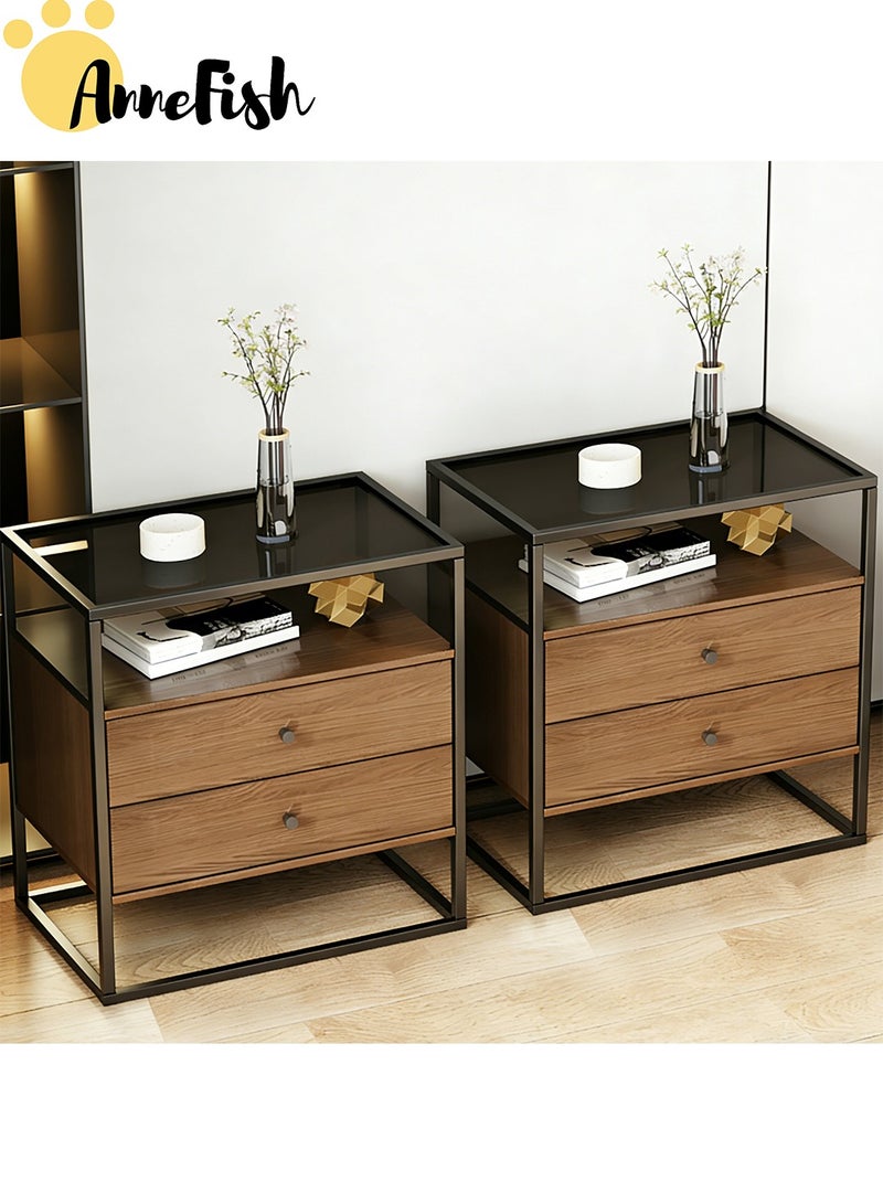 AnneFish 2PCS 50*40*60cm Nightstand Side Table Tempered Glass Top Sofa Coffee End Storage Cabinet with Metal Frame Storage Shelf and 2 Drawers for Living Room and Bedroom - Image 1