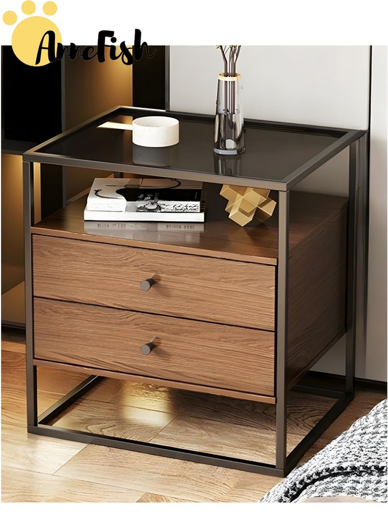 AnneFish 2PCS 50*40*60cm Nightstand Side Table Tempered Glass Top Sofa Coffee End Storage Cabinet with Metal Frame Storage Shelf and 2 Drawers for Living Room and Bedroom - Image 3