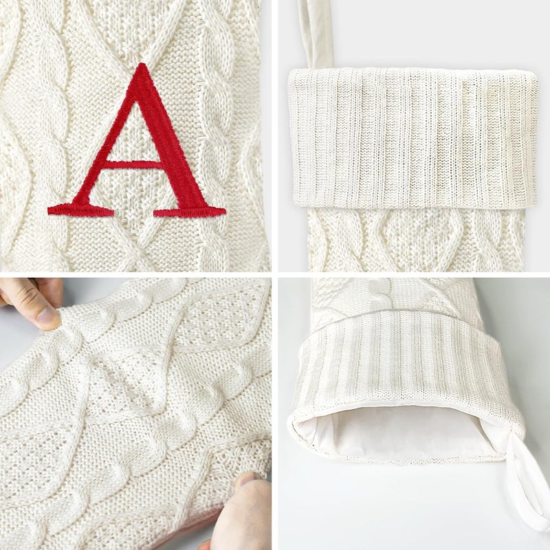 Yoochee 21 Inches Knitted Christmas Stockings with Initials, Large White Custom Monogram Embroidery Christmas Stockings with Letter, Personalized Xmas Decoration for Holiday Family Party-A - Image 3