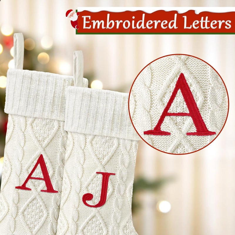 Yoochee 21 Inches Knitted Christmas Stockings with Initials, Large White Custom Monogram Embroidery Christmas Stockings with Letter, Personalized Xmas Decoration for Holiday Family Party-A - Image 2