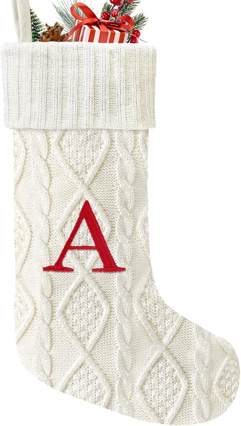 Yoochee 21 Inches Knitted Christmas Stockings with Initials, Large White Custom Monogram Embroidery Christmas Stockings with Letter, Personalized Xmas Decoration for Holiday Family Party-A - Image 1