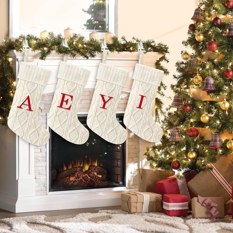 Yoochee 21 Inches Knitted Christmas Stockings with Initials, Large White Custom Monogram Embroidery Christmas Stockings with Letter, Personalized Xmas Decoration for Holiday Family Party-A - Image 4