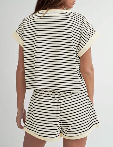 MISSACTIVER 2 Piece Lounge Set Women Stripe Knit Short Sleeve Tee Shirts Shorts Casual Summer Loungewear Shorts Sets - Image 2