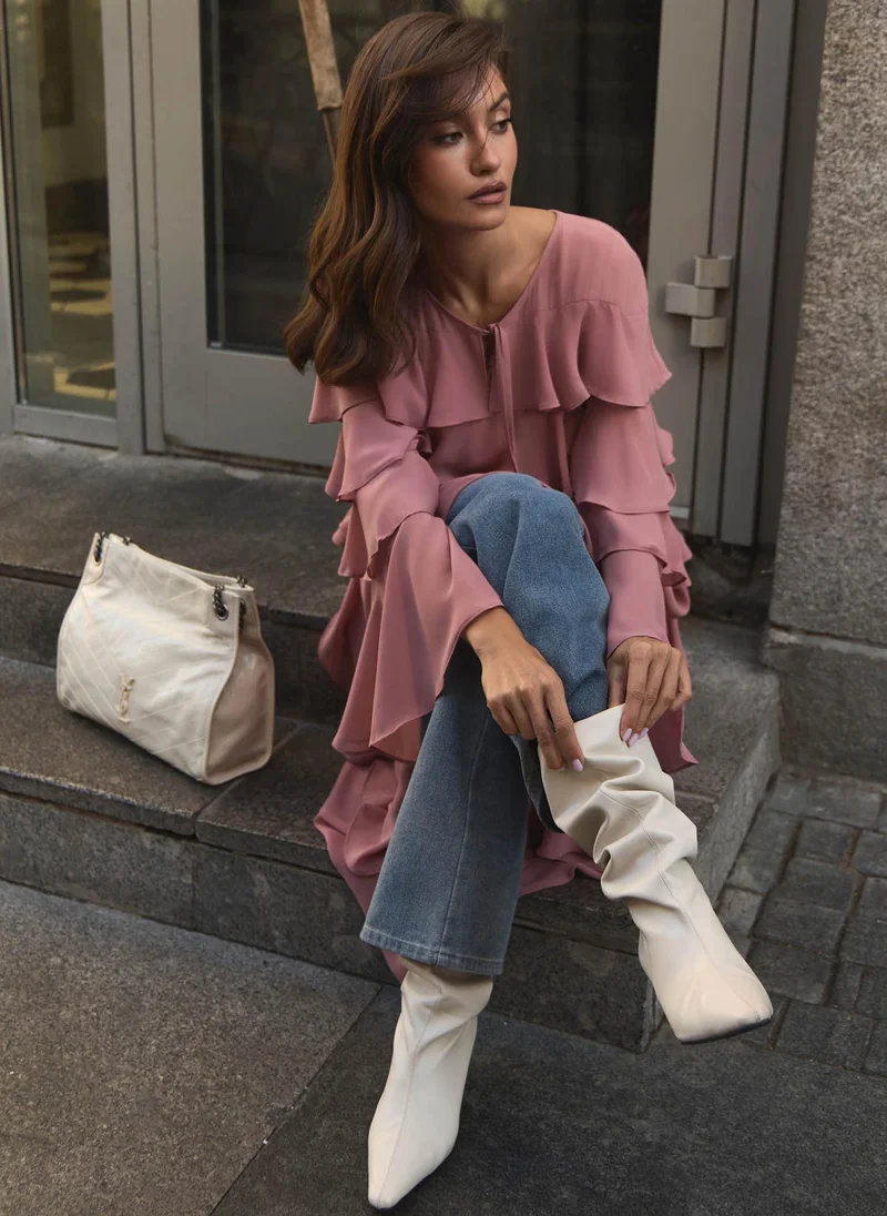 Lichi  Airy maxi dress with ruffles on the bodice and matching ties for Women | Best Price UAE