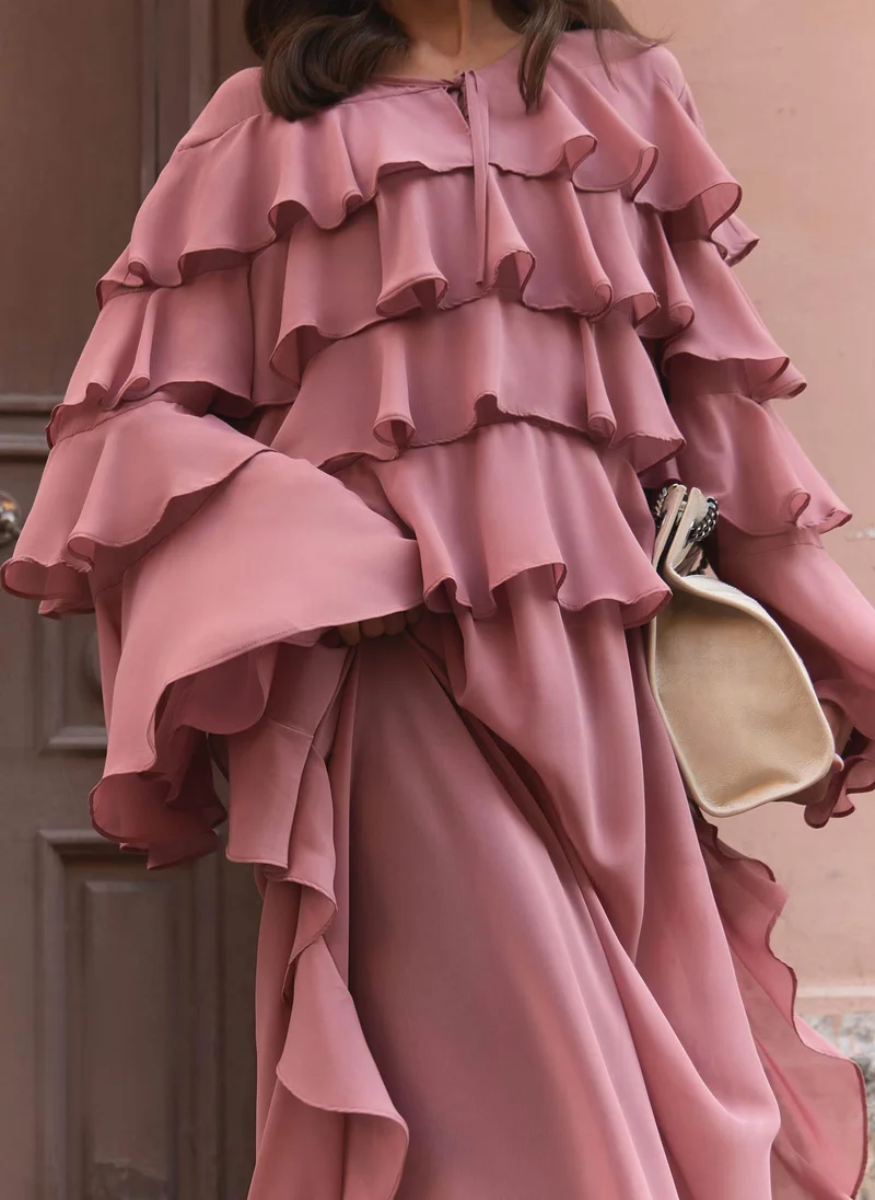 ليتشي فستان ماكسي متجدد الهواء مع كشكش على الصدر وربطات عنق متطابقة