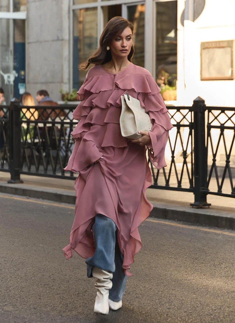 Lichi  Airy maxi dress with ruffles on the bodice and matching ties for Women | Best Price UAE