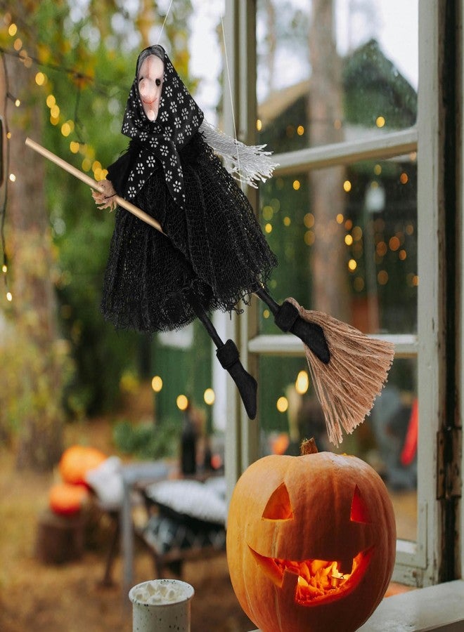 DIYEAH Halloween Witch Doll Decor with Broomstick for Indoor Outdoor Party Decoration, 9.44 Inch Grey Hanging Witch Figurine with Red Accents - Image 5
