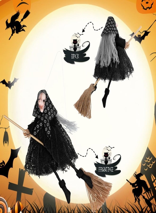 DIYEAH Halloween Witch Doll Decor with Broomstick for Indoor Outdoor Party Decoration, 9.44 Inch Grey Hanging Witch Figurine with Red Accents - Image 2