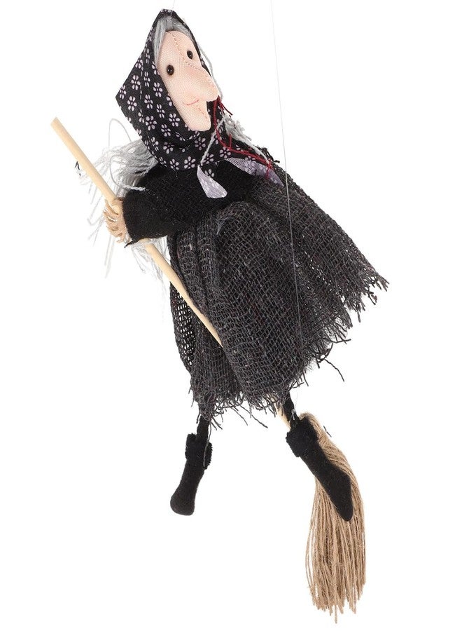 DIYEAH Halloween Witch Doll Decor with Broomstick for Indoor Outdoor Party Decoration, 9.44 Inch Grey Hanging Witch Figurine with Red Accents - Image 1