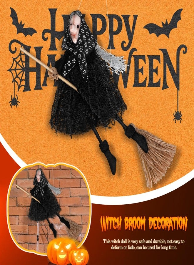 DIYEAH Halloween Witch Doll Decor with Broomstick for Indoor Outdoor Party Decoration, 9.44 Inch Grey Hanging Witch Figurine with Red Accents - Image 3