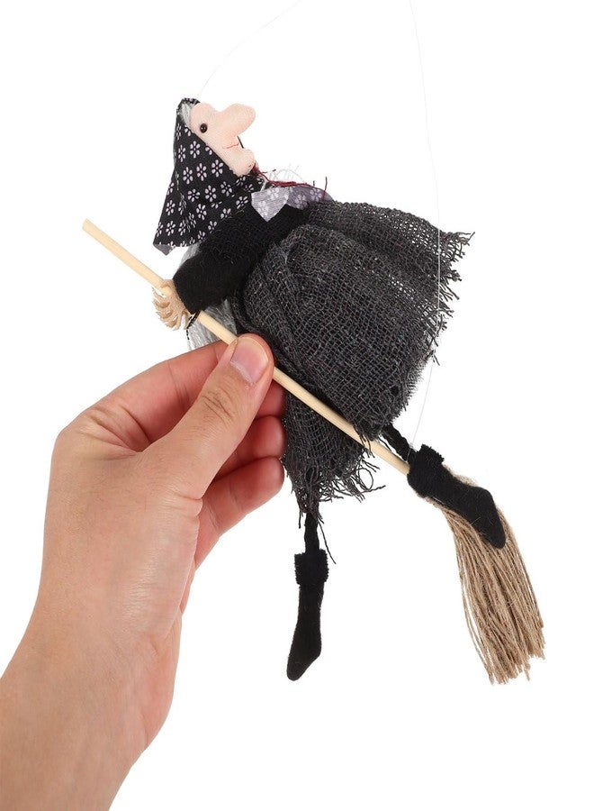 DIYEAH Halloween Witch Doll Decor with Broomstick for Indoor Outdoor Party Decoration, 9.44 Inch Grey Hanging Witch Figurine with Red Accents - Image 4