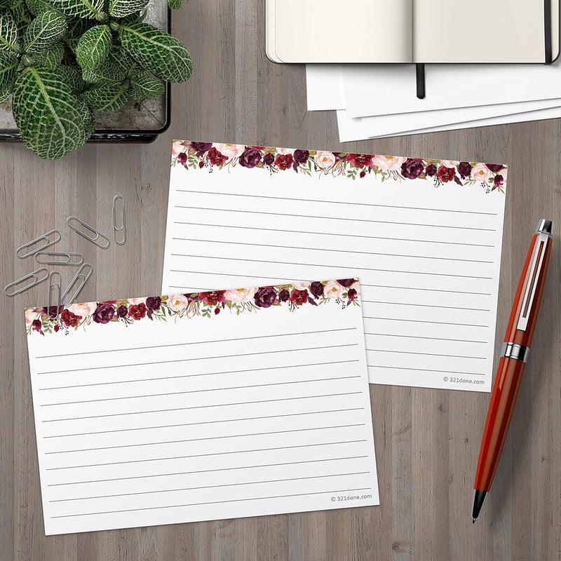 321Done Floral Ruled Index Cards - Made in USA - Large 4x6 (Set of 50), College-Ruled Lined Notecards Double-Sided, Thick Heavy Duty Cardstock, Cute Pretty Flowers Red Roses on White Note Cards Lines - Image 3