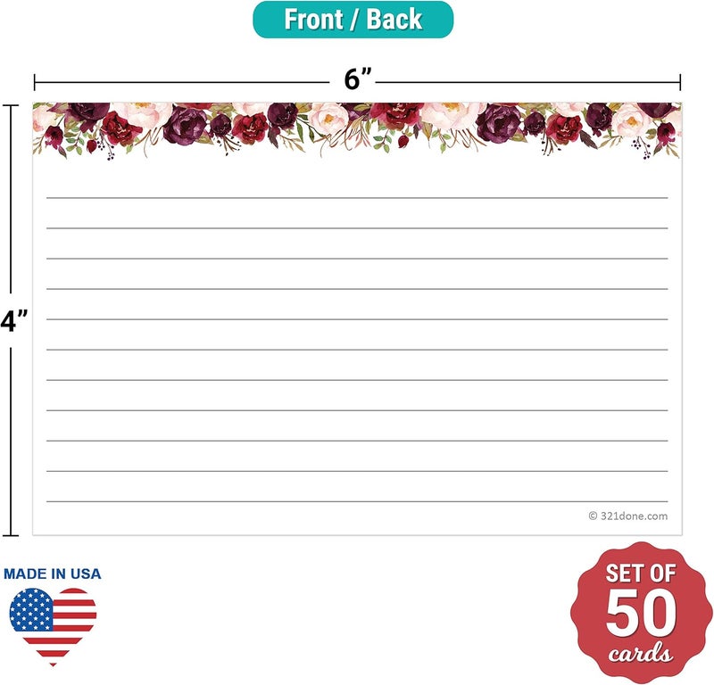 321Done Floral Ruled Index Cards - Made in USA - Large 4x6 (Set of 50), College-Ruled Lined Notecards Double-Sided, Thick Heavy Duty Cardstock, Cute Pretty Flowers Red Roses on White Note Cards Lines - Image 2