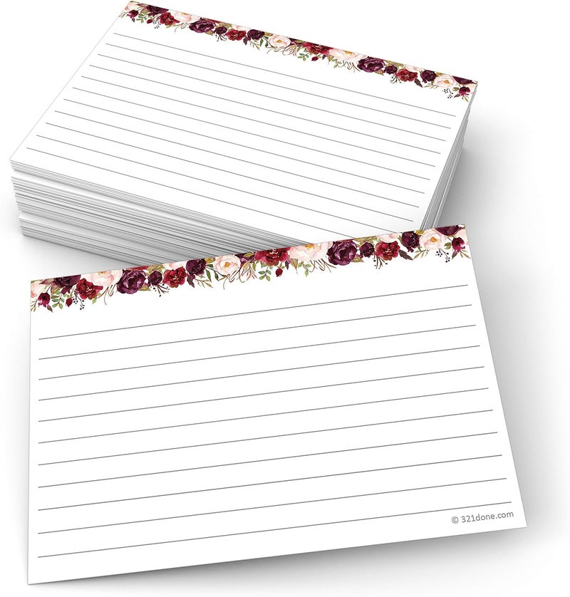 321Done Floral Ruled Index Cards - Made in USA - Large 4x6 (Set of 50), College-Ruled Lined Notecards Double-Sided, Thick Heavy Duty Cardstock, Cute Pretty Flowers Red Roses on White Note Cards Lines - Image 1