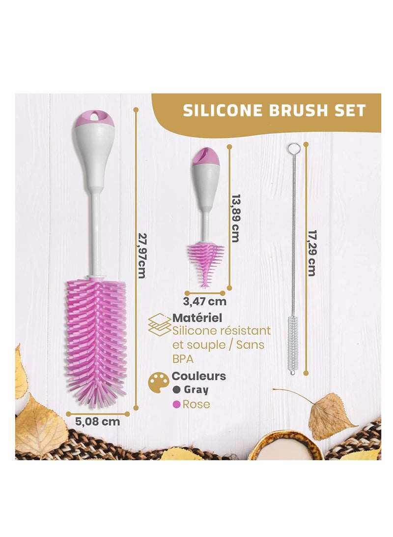 لوكو مجموعة فرش سيليكون لزجاجات الأطفال - 3 في 1، وردي-3قطعة - Image 3