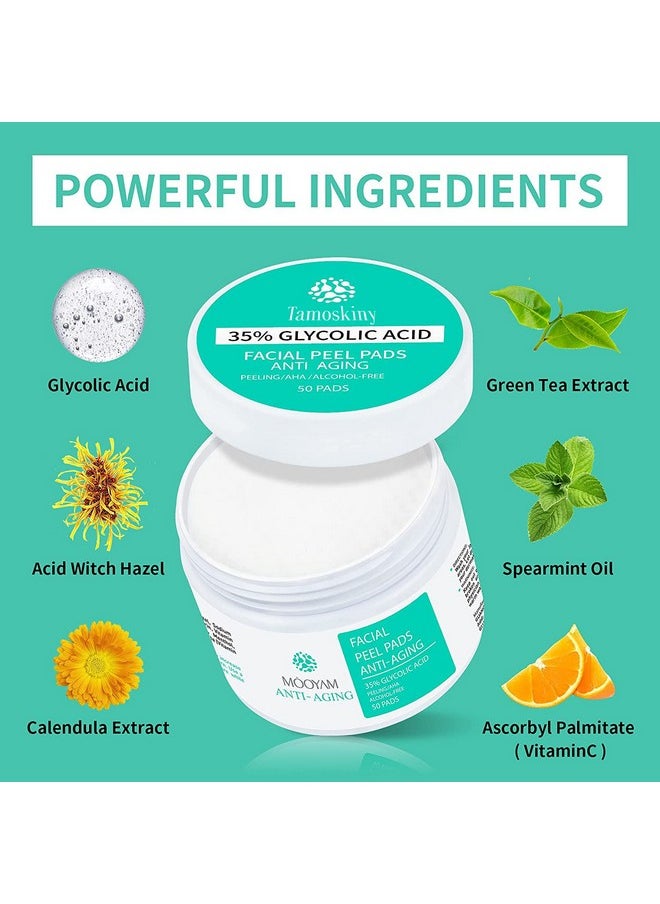 Tamoskiny - 35% Glycolic Acid Pads For Face & Body Exfoliating Facial Peel Aha Resurfacing Pads With Vitamins B5 C & E Green Tea Glycolic Acid Peel Pads For Dark Spots Acne Fine Lines & Wrinkles 50 Pads - Image 1