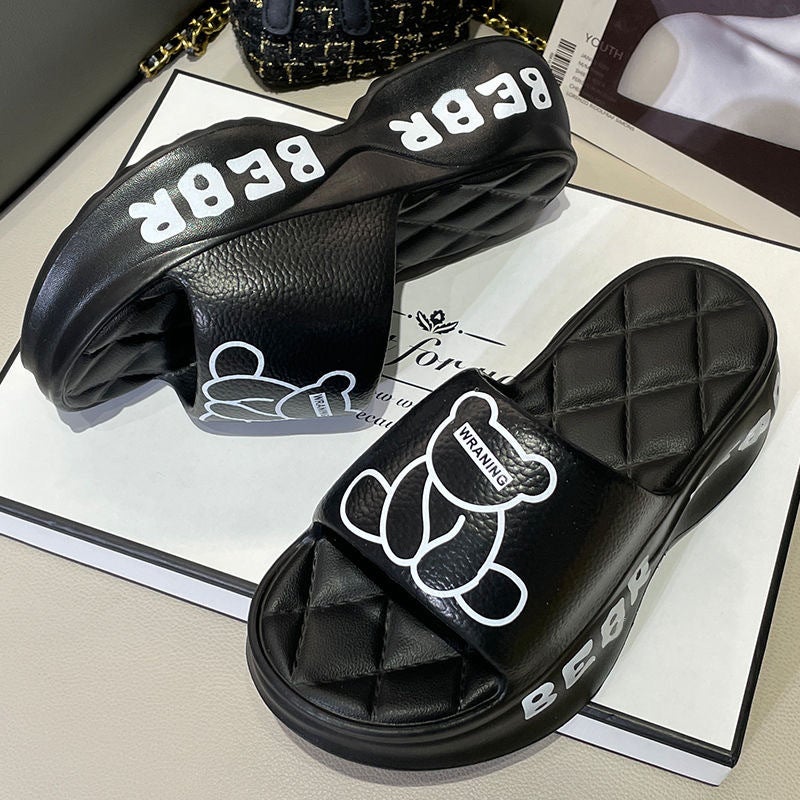 Womens elegant high-looking non-slip soft bottom fashionable lightweight non-slip deodorant simple EVA slippers can be worn outside 8801-Ben bear-black [super thick bottom]] 8801-Ben bear-black [super thick bottom]] 