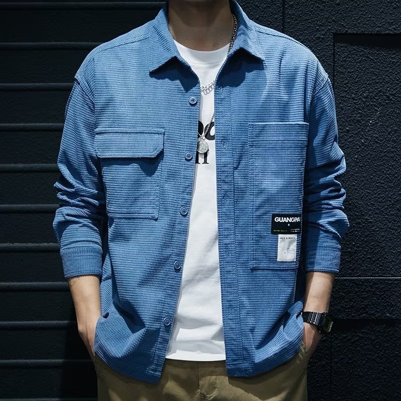 Spring and Autumn waffle heavy texture shirt mens Japanese fashion brand workwear shirt long sleeve loose plus size casual jacket 8031 Black  - Image 5