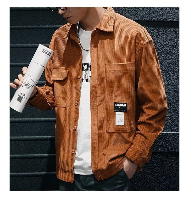 Spring and Autumn waffle heavy texture shirt mens Japanese fashion brand workwear shirt long sleeve loose plus size casual jacket 8031 Black  - Image 4