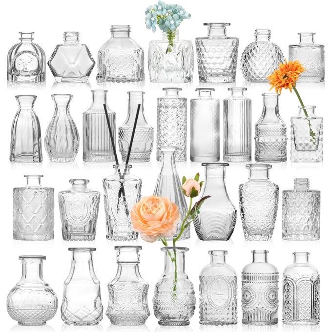 SET OF 30 GLASS BUD VASES FOR WEDDING CENTERPIECES MINI VINTAGE CLEAR VASES BULK FOR HOME TABLE DECOR PARTY RUSTIC DECORATIONS