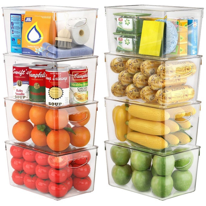 CLEAR STORAGE BINS WITH LIDS STACKABLE LARGE PLASTIC CONTAINERS FOR PANTRY ORGANIZATION AND STORAGE PERFECT FOR KITCHENFRIDGELAUNDRY ROOMBATHROOMGARAGECLOSETCABINET ORGANIZER 8 PACK