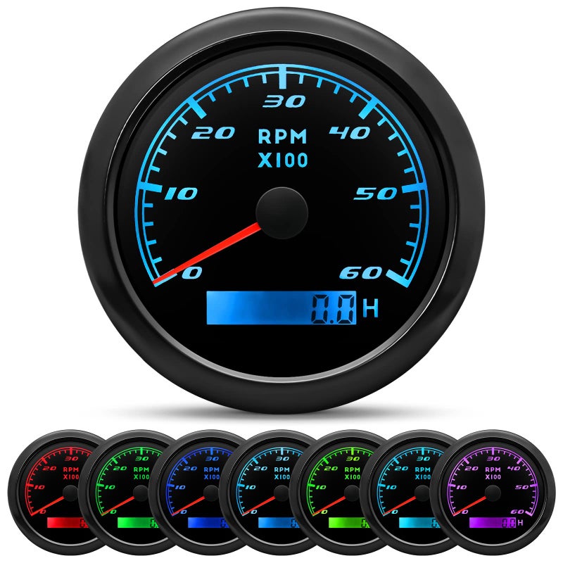 MAIMEIMI Tachometer Gauge 7 Color 06000 RPM Tacho Meter 85mm 3 38 for Auto Boat Marine Vehicle for 110 Cylinder Diesel and Gasoline EngineBlack