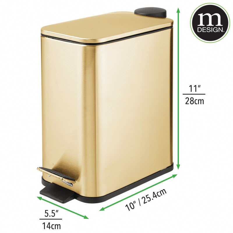 mDesign 1.3 Gallon Rectangular Slim Metal Trash Can w/ Foot Pedal, Easy-Close Lid, Narrow Wastebasket, Garbage Container Bin - Bathroom, Bedroom, Kitchen, Home Office, Removable Liner- Soft Brass - Image 3