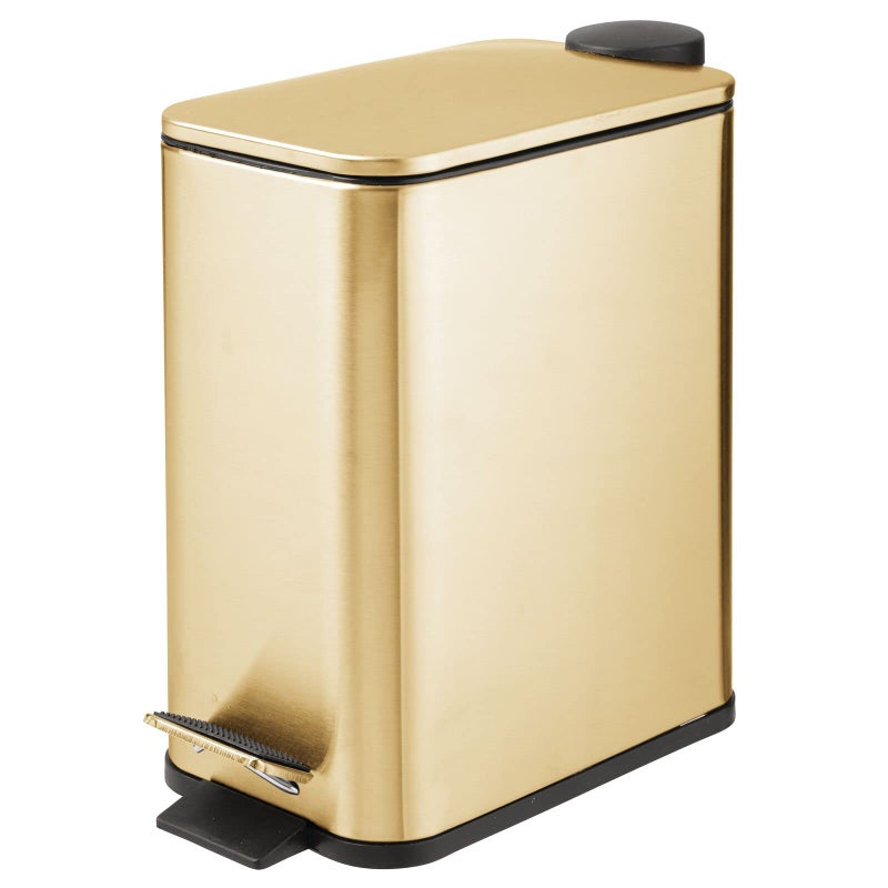 mDesign 1.3 Gallon Rectangular Slim Metal Trash Can w/ Foot Pedal, Easy-Close Lid, Narrow Wastebasket, Garbage Container Bin - Bathroom, Bedroom, Kitchen, Home Office, Removable Liner- Soft Brass - Image 1